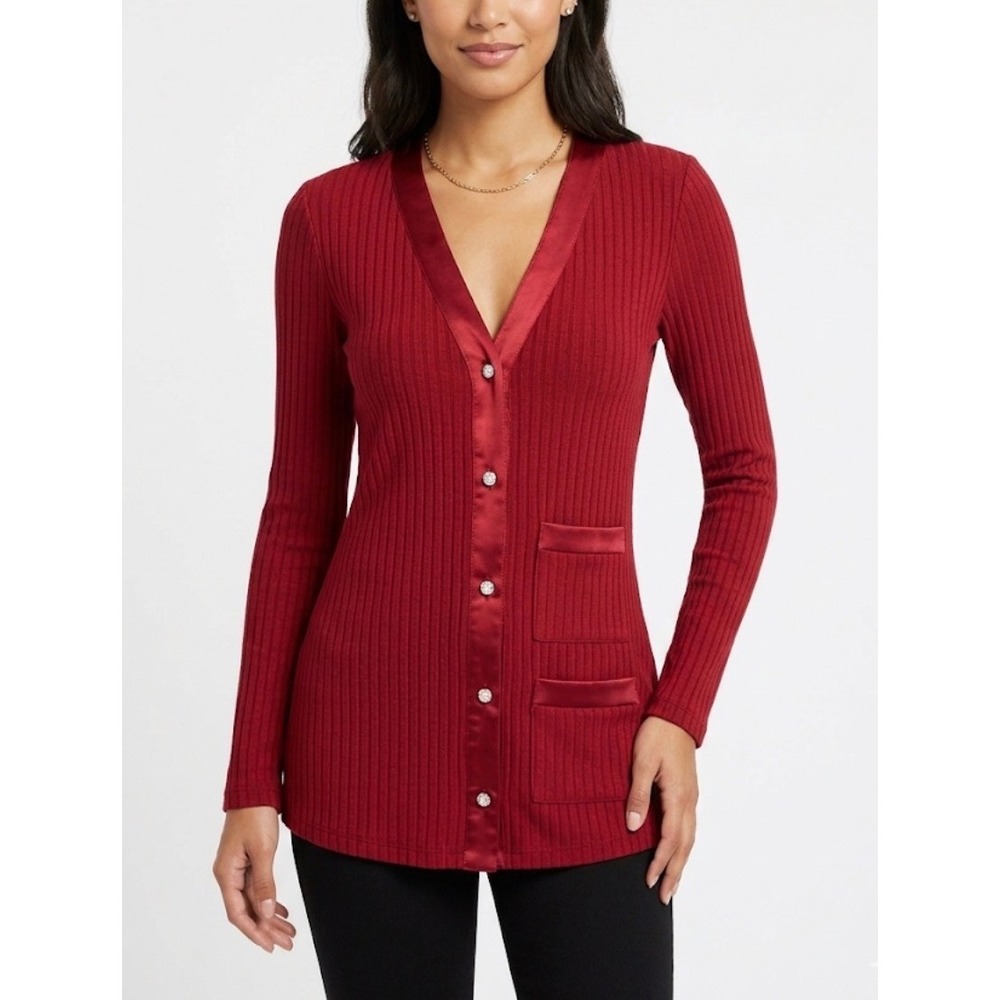 Area Stars Red Ribbed Knit Cardigan Satin Trim Crystal Button Long‎ Sleeve Small